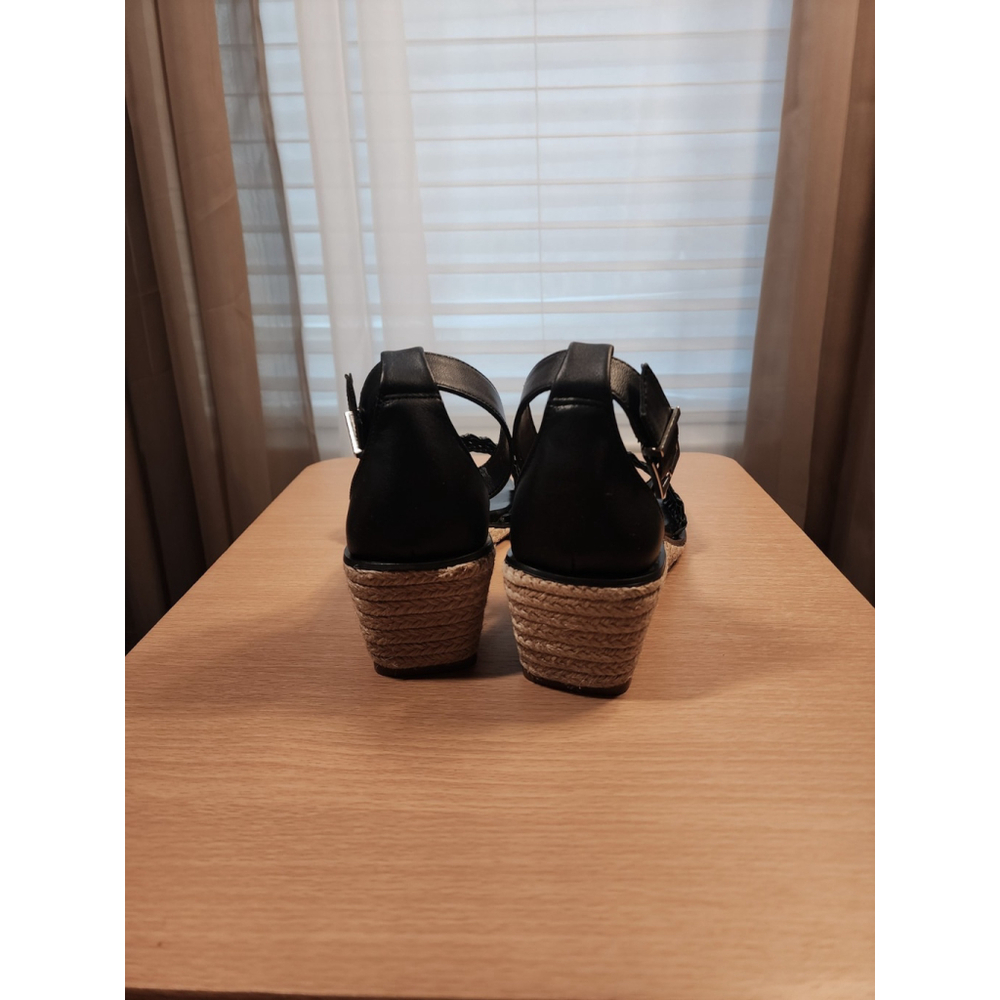 Vince Camuto Black Leather Net Low Ankle Strap Espadrille Wedge SZ 9 Wide - Picture 6 of 11